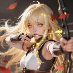 beautiful attrative face female archer with yellow flash and red leave around her, light flowing hair, anime key visual, absurdly beautiful, highly detailed, sharp focus, concept art, granblue fantasy, anime by serafleur / d pin / rongzhen luo / mingdosa / ruan jia / gemi ningen