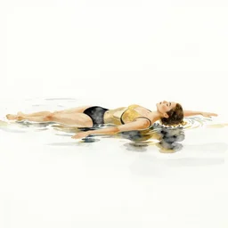 beautiful serene swimming person, healing through motion, life, minimalistic golden and ink airbrush painting on white background