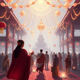 illustration of divali celebrations by moebius and makoto shinkai and rossdraws, featured on artstation, pixiv, volumetric lighting, 8 k, highly detailed render, octane render, unreal engine, soft glow, crisp lines, f 1 1, sharp focus,