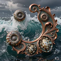 bubbles in cresting oil slick waves, ammonites, abalone, ornate art nouveau patina copper ornament, rococo, organic rippling spirals, photorealistic octane render, glass art forms from nature by ernst haeckel