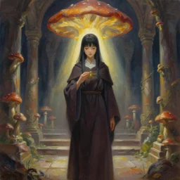 priestess of the mycena mushroom temple. gouache painting by award - winning mangaka, bloom, chiaroscuro, backlighting, depth of field.