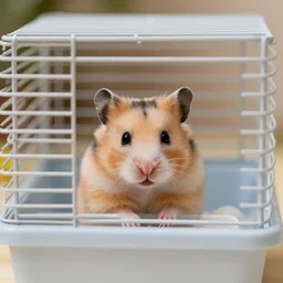 a sad hamster inside a miniature cage