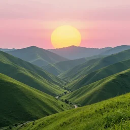 lush green valley with magestic mountains in the background, pink clouds backlit by yellow sun, nostalgic, calming, aesthetic, volumetric fog, godrays, high contrast, high contrast, high contrast, vibrant colors, vivid colors, high saturation, by Greg Rutkowski and Jesper Ejsing and Raymond Swanland and alena aenami, featured on artstation, wide angle, vertical orientation