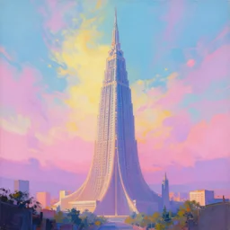 nonsensical beautiful majestic tower, tall concept tower, beautiful painting by ricardo bofill and pedar balke, beautiful cinematic view, vibrant neon pastel