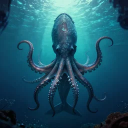 movie frame still from live action lovecraftian whale octopus from the deeps, 8 k, ultra wide angle, symmetric, pincushion lens effect, trending on artstation, zenith view, greg rutkowski, kim jung gi