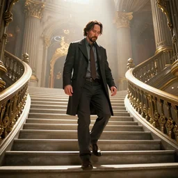 sharp, highly detailed, color film of keanu reeves walking up the stairs in the palace, steampunk, trending on artstation, art by sergey kolesov and riot games, flickering light, bright, beautiful, nice composition