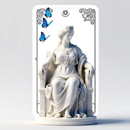 a beautiful greek statue on a throne, blue butterflies flying above, tarot card with ornate border frame, clean line - work, award - winning, 4 k, trending on artstation, photorealistic, volumetric lighting, octane render