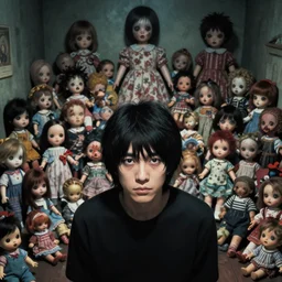 a man staring at the camera in a room full of dolls, horror, art by junji ito