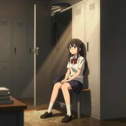 school girl sitting in a cozy school locker room - dramatic cozy poster by wlop and okuda genso. wide angle lens. featured on pixiv, anime aesthetic. pixiv, warm aesthetic, rays of light, volumetric light, artstation, vanitas, official art, gothic, noise film photo. octane render, redshift render, ue 4