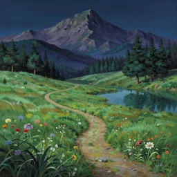 beautiful matte painting by goro fujita whimsical art fantasy path mountains and meadow in the background near a lake reflecting the trees, atmospheric lighting, painted, intricate, volumetric lighting, beautiful, rich deep colors masterpiece, sharp focus, ultra detailed by
