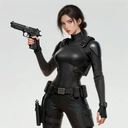 girl, with kevlar, holds m 1 9 1 1 pistol, concept art, contrapposto