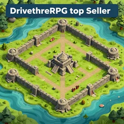 overhead RPG battlemap of a stone fort sitting above a swamp, drivethruRPG top seller popular