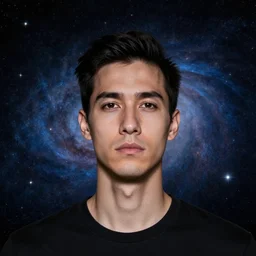 a man with his face stretched across the universe