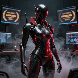 concept art of a cyborg, cyberpunk, surrounded by smoke, award-winning art, black on red, hyperrealistic, by Sam Spratt, by Vlad Rodriguez, computer screens in the background, trending on Artstation, dark, dramatic, cinematic, realistic studio lighting, realistic reflections, realistic light refractions, raytracing, 4k, professional, canon