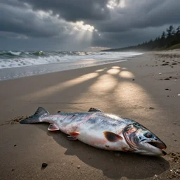 decaying salmon on the beach, by beksinski.