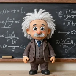 Claymation Albert Einstein in front of a blackboard full of chalked math formulas