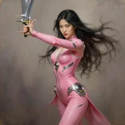 irelia, the blade dancer, wearing pink bodysuit with metal ornaments, asian descent, highly detailed painting by gaston bussiere, craig mullins, j. c. leyendecker 8 k