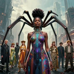 realistic detailed photorealistic portrait movie shot of a beautiful black woman with a giant spider, dystopian city landscape background by jean delville, denis villeneuve, amano, yves tanguy, alphonse mucha, ernst haeckel, david lynch, edward robert hughes, roger dean, cyber necklace, rich moody colours, cyber patterns, wide angle