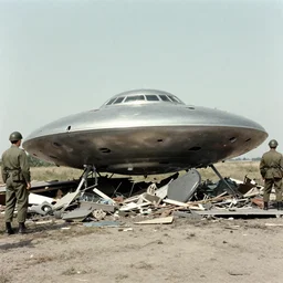 old photograph of flying saucer crash, accident scene, 1950s, debris field, military soldiers nearby