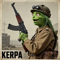 Kermit holding a Kalashnikov rifle, side profile, two tone, propaganda poster, oppressive, weathered poster, very detailed, stark, cold war aesthetic