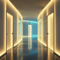 beautiful heuristic gel lighting combining glowing walls and doors in a path traced space bending test. this scene tests reflection, refraction, nesting, self - similar mesh generation, and post - render processing. octane render, 8 k resolution. trending on artstation