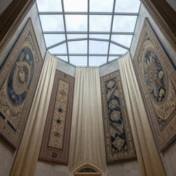 polygonal sanctuary with giant walls and glass ceilings showing the stars and hanging silk drapery and tapestries, light dust, magnificent, close up, details, sharp focus, elegant, highly detailed, illustration, by Jordan Grimmer and greg rutkowski and PiNe(パイネ) and 薯子Imoko and 香川悠作 and wlop and maya takamura, intricate, beautiful, Trending artstation, pixiv, digital Art