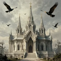 the temple of the dystopian birds, birds flaying in the air, immaculate scale, futuristic surrealism, punkcore, hireonymus bosch, detailed