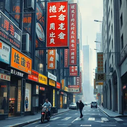 a photograph of a futuristic street scene, brutalist style, advertising signs, straight edges, finely detailed oil painting, impasto brush strokes, soft light, 8 k, dramatic composition, dramatic lighting, sharp focus, octane render, masterpiece, by adrian ghenie and jenny saville and zhang jingna