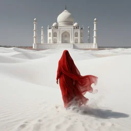 one lone singular swirling otherworldly angelic figure shrouded in red robes emerges from extensive barren white dunescape, matte painting by peter mohrbacher and filip hodas, background taj! mahal!, godrays, high contrast, highly detailed, a