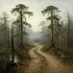 dangerous swamp, a bit foggy, bizarre pines, dirt track, hudson river school painting, naturalism