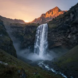 ultra detail, epic mountain landscape, waterfall, sunset, cinematic, art by michael shainblum