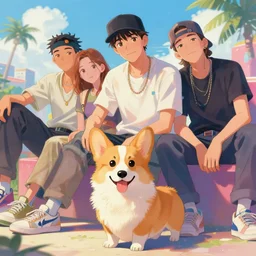 beautiful anime painting of hiphop solarpunk summertime chill with corgi, by james jean, rolf armstrong, james c. christensen, lise deharme, gaston bussiere, j. c. leyendecker, craig mullins. trending on artstation, 8 k, masterpiece, graffiti, intricate detail, golden ratio illustration, face enhance