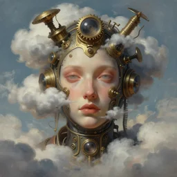 A digital painting of a face surrounded by clouds, a surrealist painting by Android Jones, CGsociety, pop surrealism, steampunk, dystopian art, surrealist
