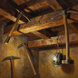 a beautiful painting of the bottom of an old mine with exposed beams, pickaxes and a helmet with a broken light, warm colors by greg rutkowski and kalin popov, trending on artstation, masterpiece,