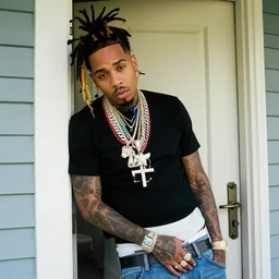 paparazzi photo of 6ix9ine leaning against the door of house in the style of 6ix9ine, rainbow colored, jewelry, masterpiece