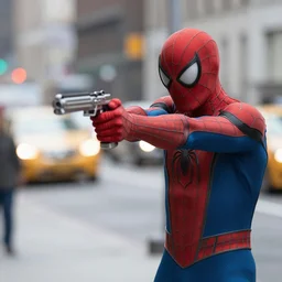 soldier shoots spiderman, new york, shallow depth of field, photoreal, cinematic