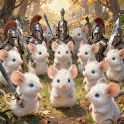 dungeons and dragons fantasy painting, close order phalanx of mice spartans, 3 0 0, whimsical and cute, determined expressions, watery blue eyes, anime inspired by krenz cushart, white fur, tufty whiskers, steel blades, dawn lighting, in an autumn glade by brain froud jessica rossier and greg rutkowski