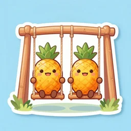 die cut sticker of chibi two smiling pineapples on a swing set