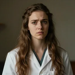renaissance portrait of modern female scientist, long brain hair, looking concerned