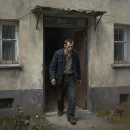 dark oil realistic painting a gaunt man is leaving a communist block appartment