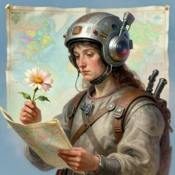 opalescent retrofuturistic digital airbrush illustration of an explorer wearing an ornate gpu headpiece and holding a flower with a map of the collective subconscious in the background by titian