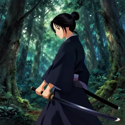 beautiful cinematic fantasy poster, asian woman side view using a bokken, perfect art, in a forest, by noriyoshi ohrai