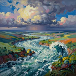 Psychedelic sci-fi dreamworld. Landscape painting. Organic. Winding rushing water. Waves. Clouds. Wayne Thiebaud. David Hockney.