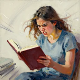 a girl reading a book, enraged, painting by phil hale, action lines!!!, graphic style, visible brushstrokes, motion blur, blurry
