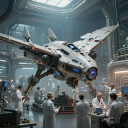 bioware, amazing, scientists creating an artificial alien highly detailed futuristic biomechanical thick quad wing combat spaceship constuction in a laboratory, 4 k, octane render, photorealistic, art by john collier and albert aublet and krenz cushart and artem demura and alphonse mucha,