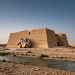 photo of a museum in a dessert next to river, the museum is made out of rammed earth with huge rock in the front, the museum is huge and has perforations holes, the sky has stars and air with dusk, the view is street view, 8 0 k, octane,