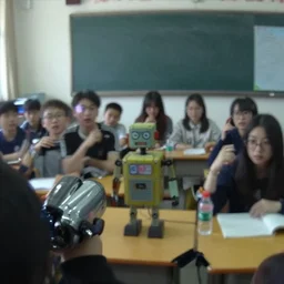 group picture of wax robot in class, by mini dv camera, very very low quality, heavy grain, very blurry, accidental flash, webcam footage, found footage, security cam, caught on trail cam