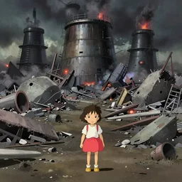 a very dull wide shot still from ponyo ( 2 0 0 8 ) of a nuclear accident. perfect art, grimdark, trending on pixiv fanbox, painted by studio ghibli!!!