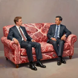 realistic painting of couch made out of meat, business men sitting on couch made out of meat and talking, meat couch, meat couch,