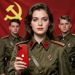 a wwii soviet propaganda portrait advertising an apple iphone by rei kamoi and dan mumford and robin eley, communist hammer and sickle